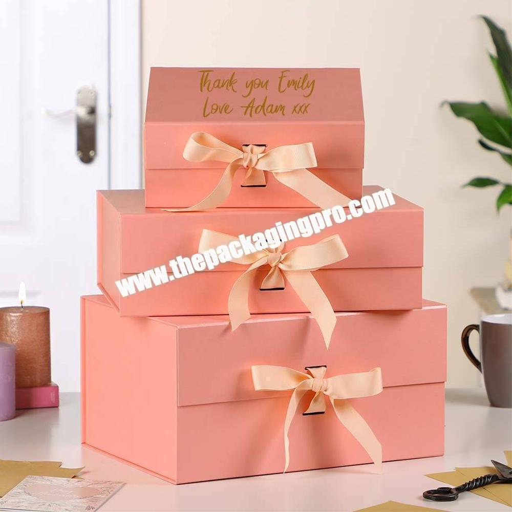 Costom Rose Pink Magnetic Flip Rigid Paper Packaging Folding Collapsible Ribbon Bridesmaid Gift Boxes