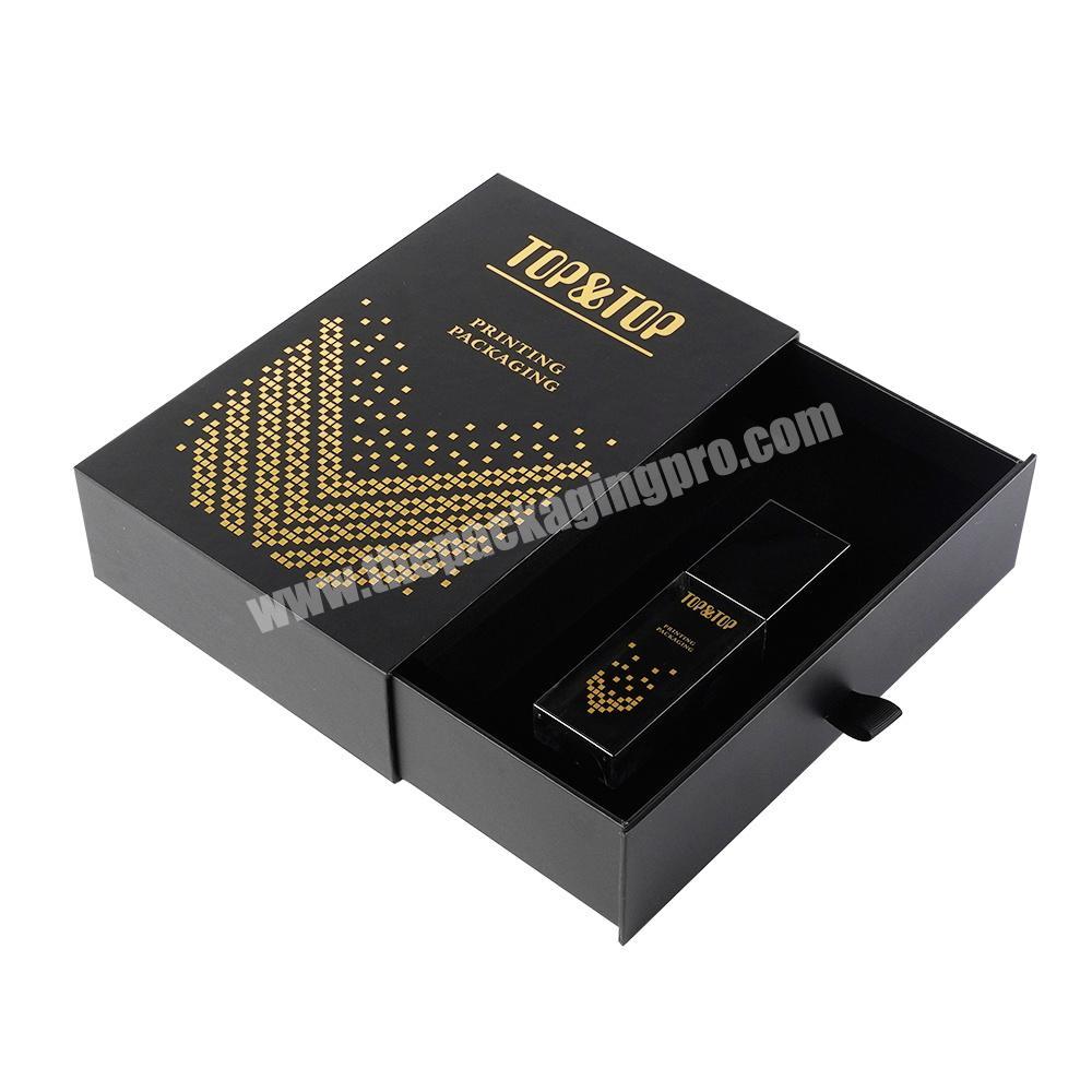 Custom Black Cosmetic Lotion Packaging Box Luxury Hot Stamping Cardboard Sliding Drawer Gift Box