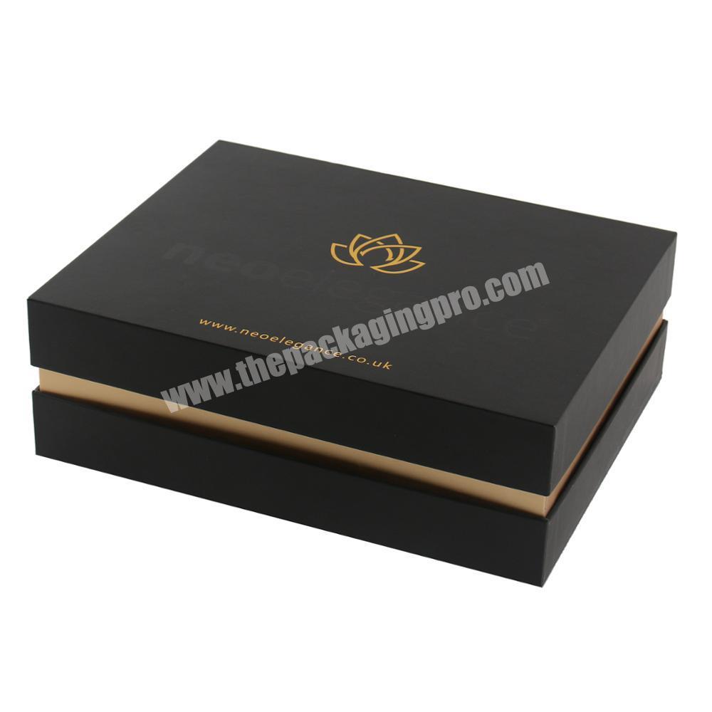 Custom Black Lid And Base Gift Box Luxury Recycled Materials Feature Rigid Cardboard Paper UV Coated Gold Stamping Printed Boxes