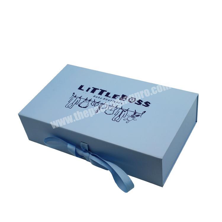 Custom Blue Folding Gift Boxes With Ribbon Rigid Cardboard Magnetic Foldable Packaging Box For Clothes&Baby Stuff&Cosmetics Set