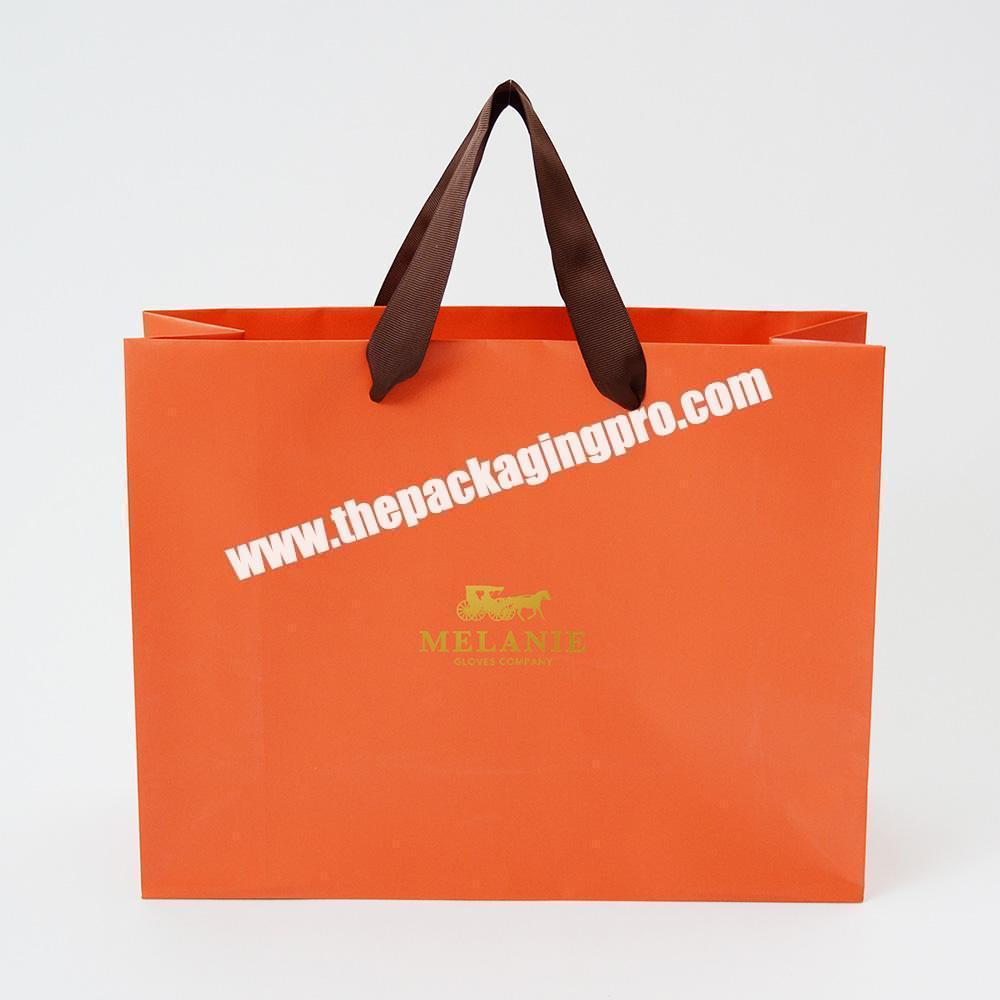 Custom Branded Luxury Orange Paper Clothing Packaging Gift Shopping Bag Paperbag With Gold Foil Logo