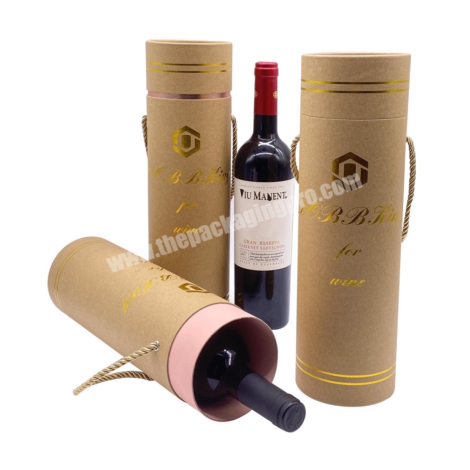 Custom Creative Recyclable Gift Round Kraft Paper Tube Boxes Packaging For Wine Bottle Packaging with Rope Handle