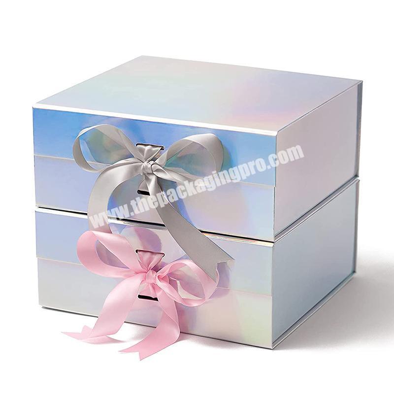 Luxury Flat Pack Folding Cardboard Paper Holographic Ribbon Closures Book Shaped Foldable Packaging Gift Boxes With Magnetic Lid