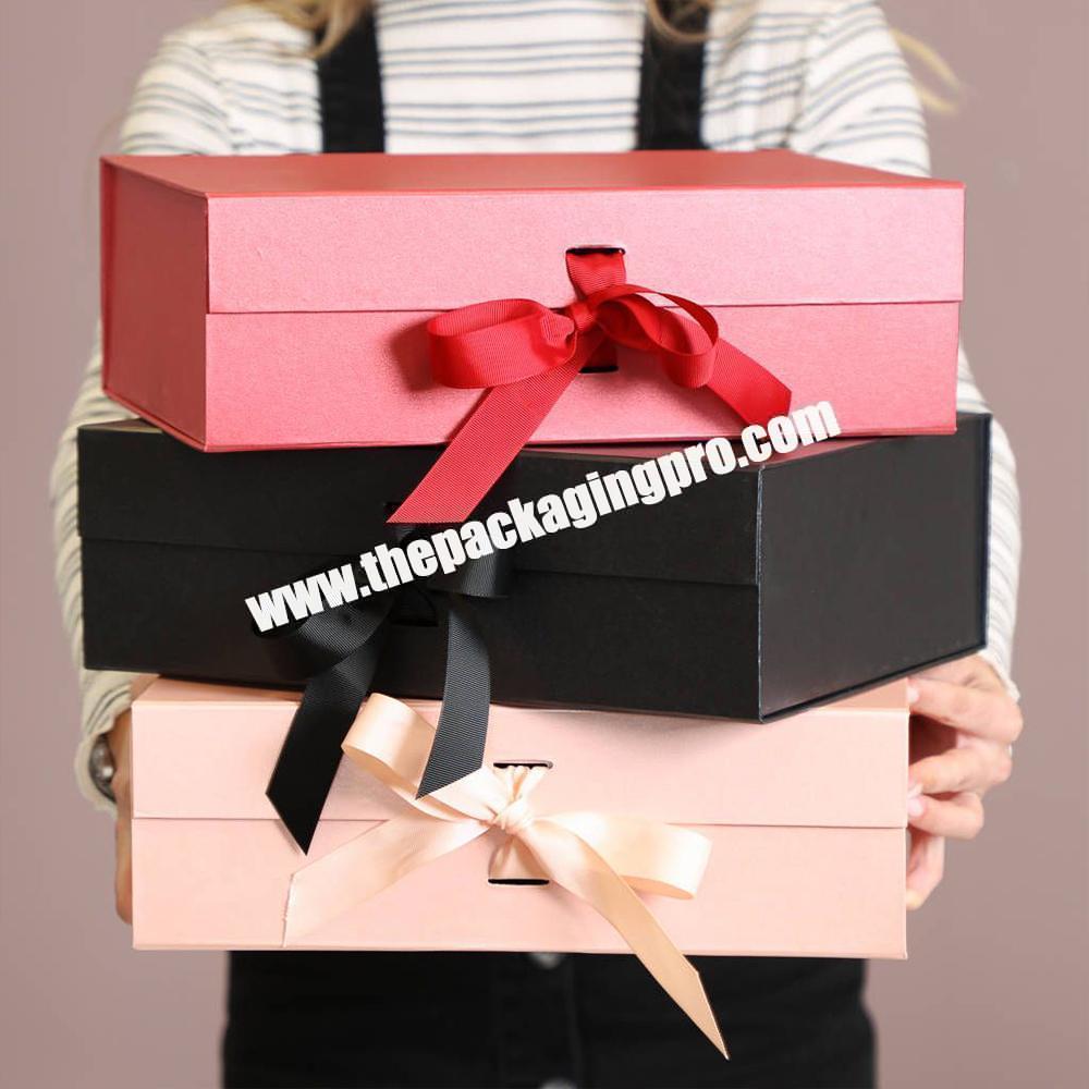Custom Folding Luxury Rigid Packaging Red Hamper Ribbon Magetic Closure Large Paper Gift Box With Logo