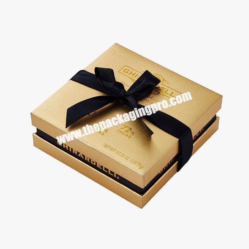 Custom Gold Cardboard Packaging Lid And Base Ribbon Rigid Gift Boxes With Neck For Chocolate