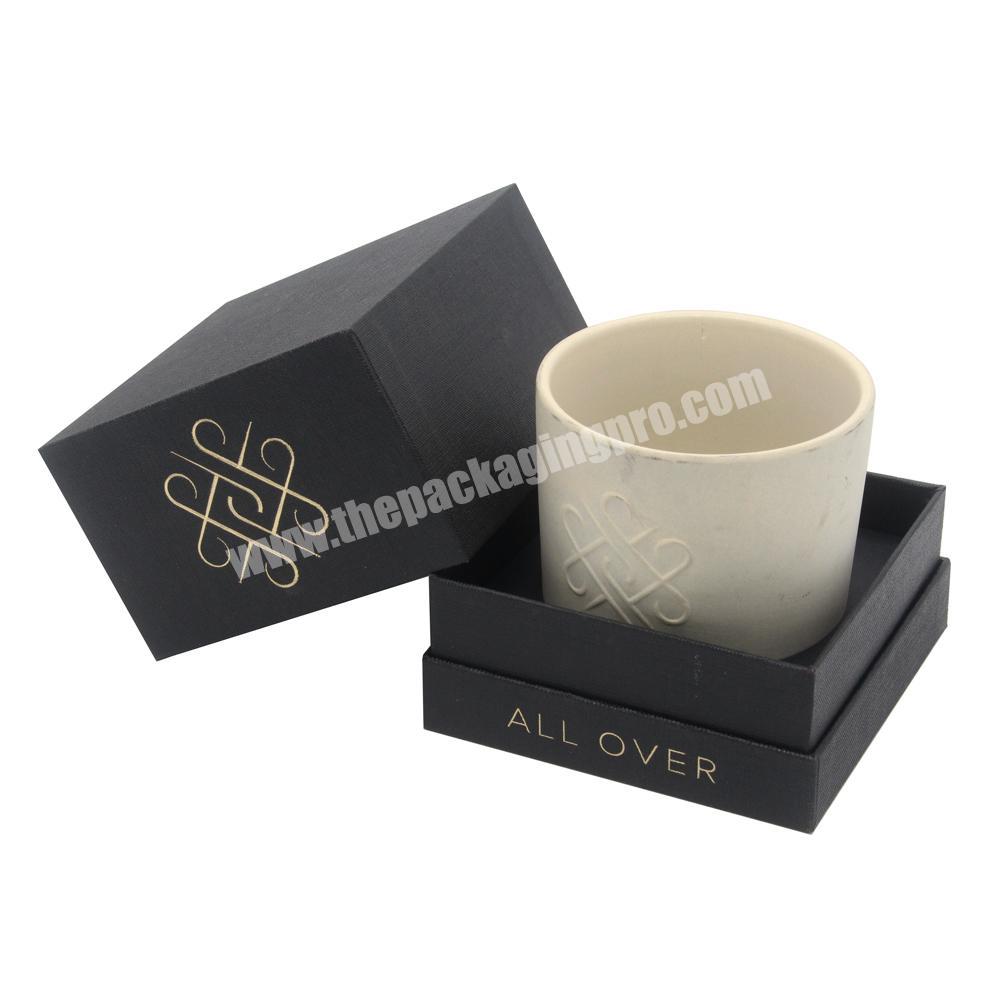 Custom Gold Logo 2 two piece Matte Black Linen Candle Packaging Box With Insert lid and base
