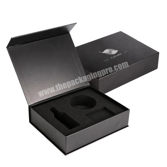 Custom Logo Luxury Black Magnetic Closure Rigid Cardboard Gift Box With Foam Insert Glass Bottles Packaging