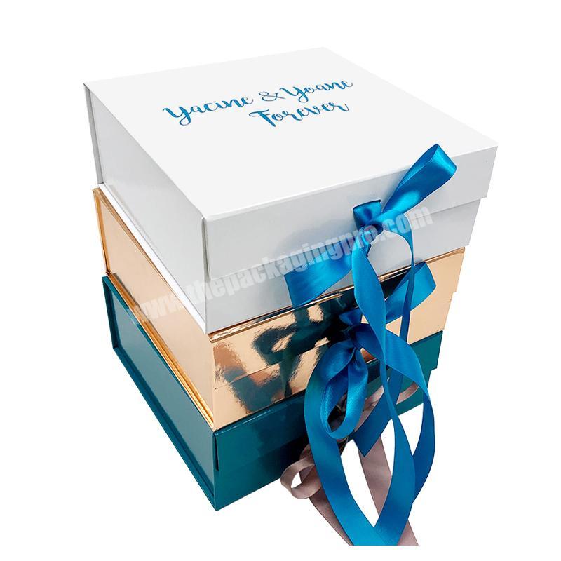Custom Logo Luxury Black white blue Cardboard Magnetic Folding Gift Box with Ribbon Paper Rigid Small Gift Box Packaging