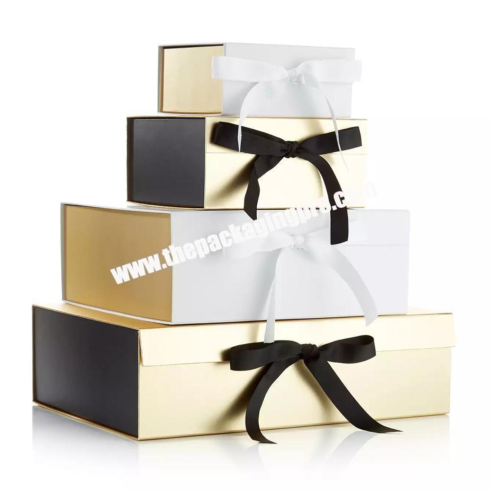 Custom Logo Luxury Cardboard Packaging Metallic Gold Folding Magnetic Rigid Paper Gift Box With Ribbon