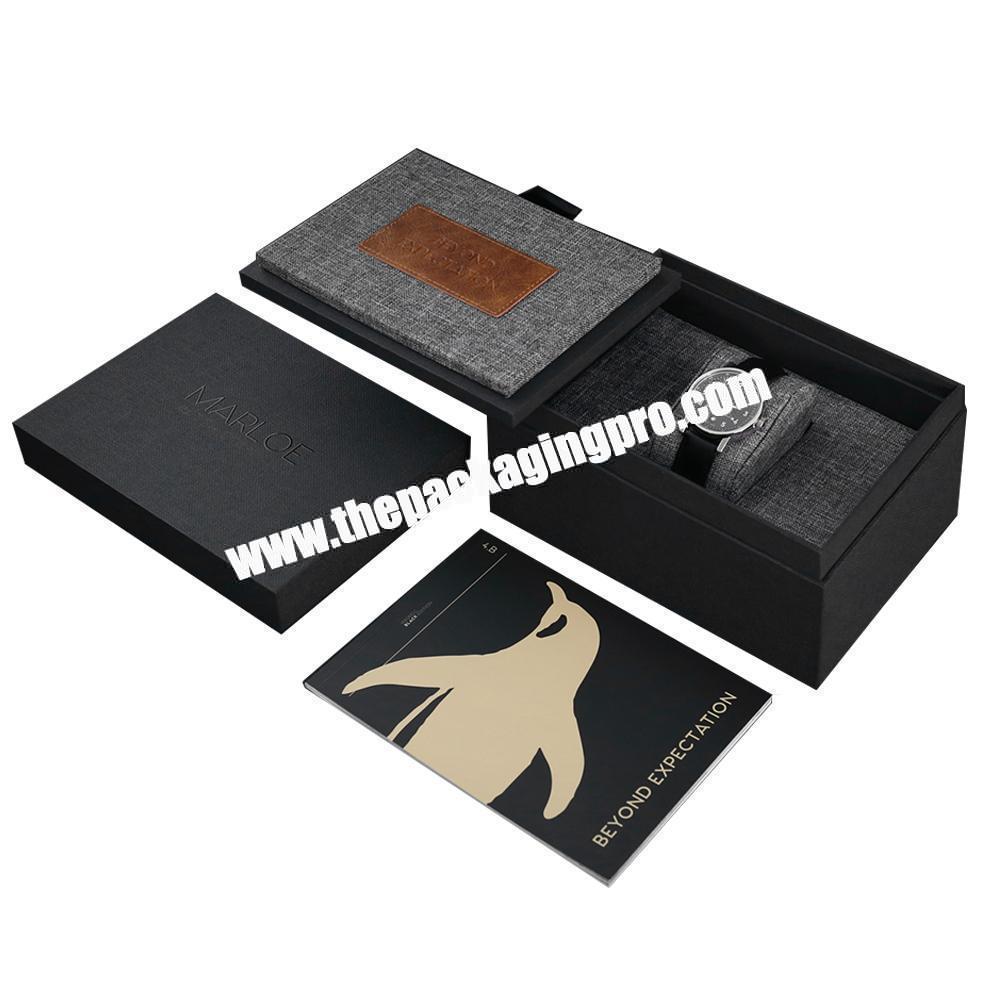 Custom Logo Luxury Black Paper Packaging Lid And Base Rigid Watch Gift Box With Foam Insert