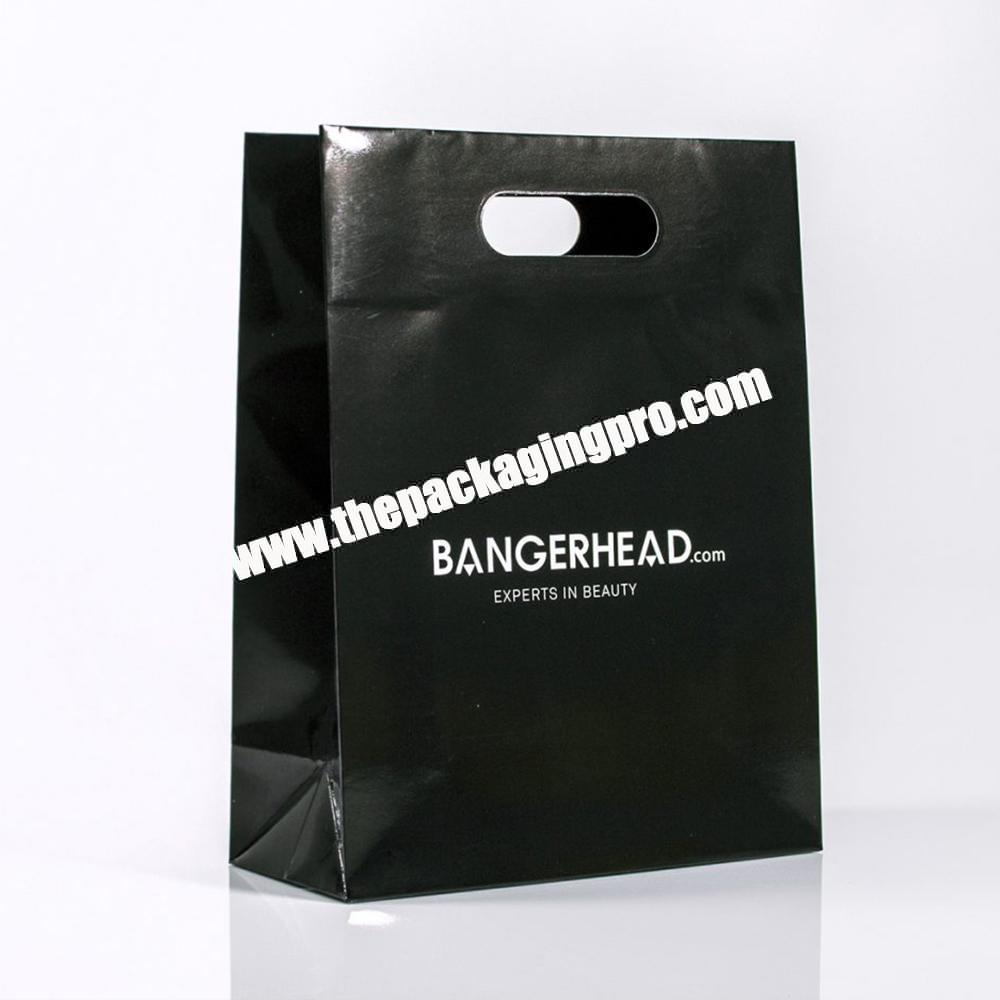 Custom  Logo Luxury Coated Paper Black Clothing Packaging Gift Shopping Bag Paperbag With Die Cut Handle