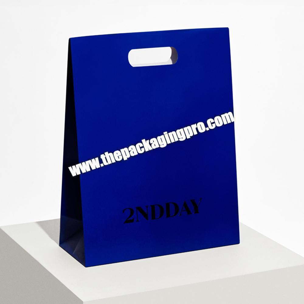Custom  Logo Luxury Paper Blue Apparel Packaging Gift Shopping Bag Paperbag With Die Cut Handle