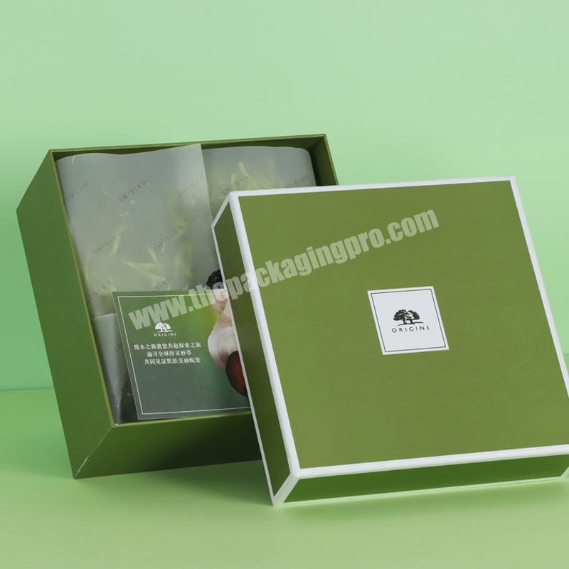 Custom Logo Luxury rigid Cardboard Dark Green Skin Care Cosmetic Square Lid And Base Gift Box With Neck