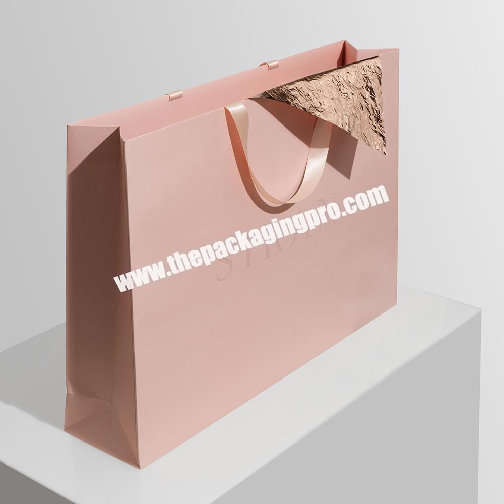Custom Logo Pink Paper Packaging Gift Shopping Bag With Ribbon Handle For Women Apparel
