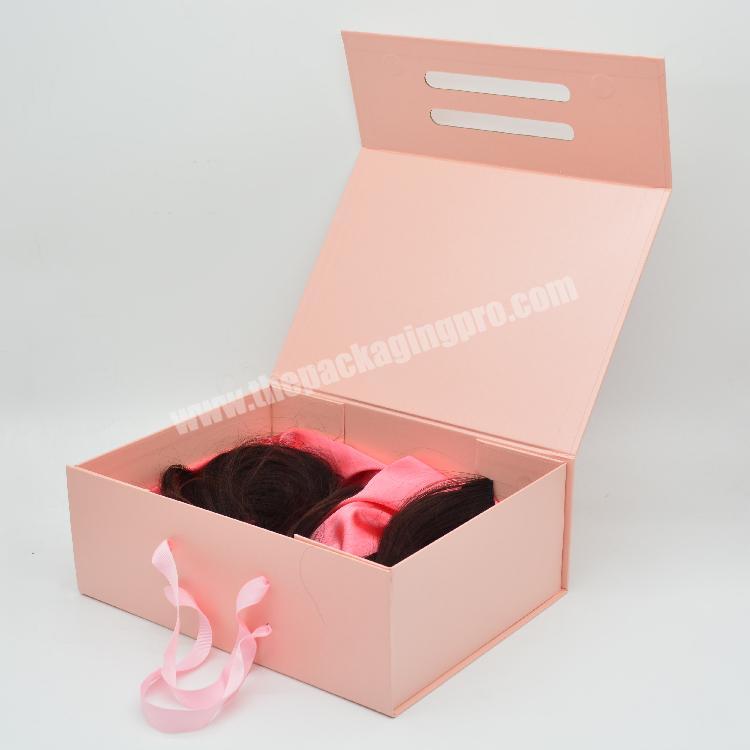 Custom Pink Paper Foldable Collapsible Magnetic Hair Extension Wig Gift Box With Silk Ribbon