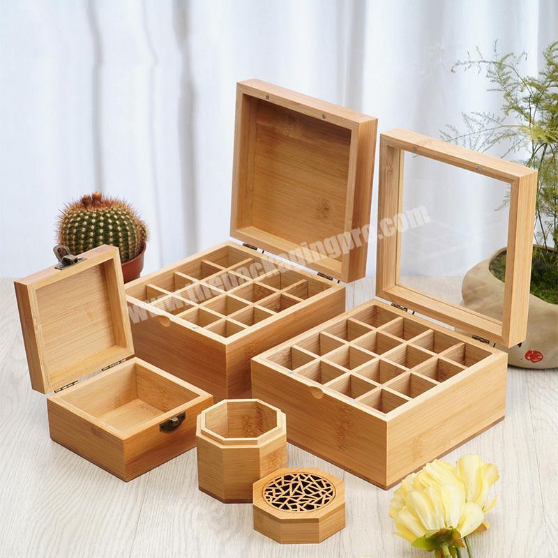 Custom bamboo wooden square essential oil bottle gift packaging box embossed logo perfume oil set storage packaging box