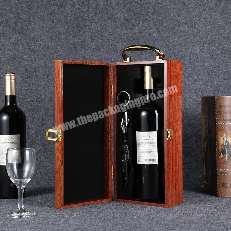 Custom bulk wooden wine glass bottle storage boxes portable single wood wine carrier packaging box with metal lifting handle