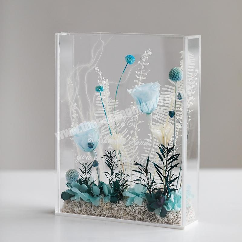 Custom clear square acrylic rose flower shadow box transparent frames packaging flower gift box for anniversary wholesale