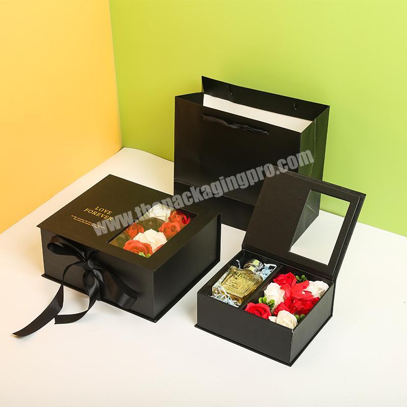 Custom design luxury magnetic lipstick carton perfume bottle packaging bag rose flower gift box packaging boxes clear window manufacturer