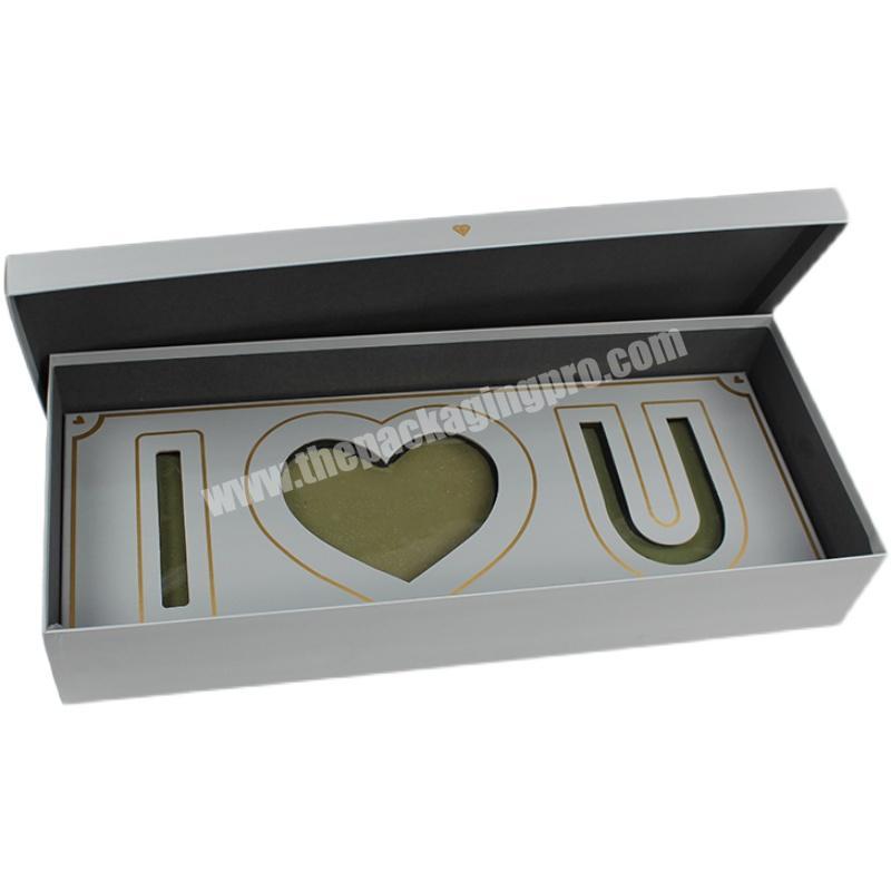 Custom design paper i love you letter rose rectangle packaging boxes cardboard flower and chocolate gift delivery box with foam
