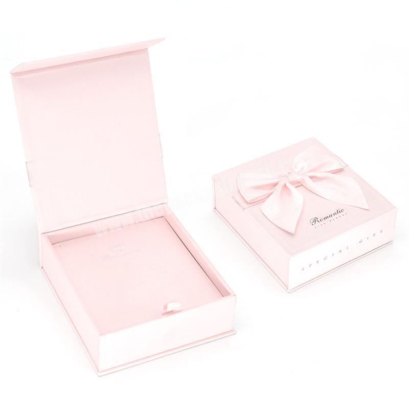 Custom gold foiled logo high grade pink jewelry box watch necklace bracelet earring packing box with ribbon bow