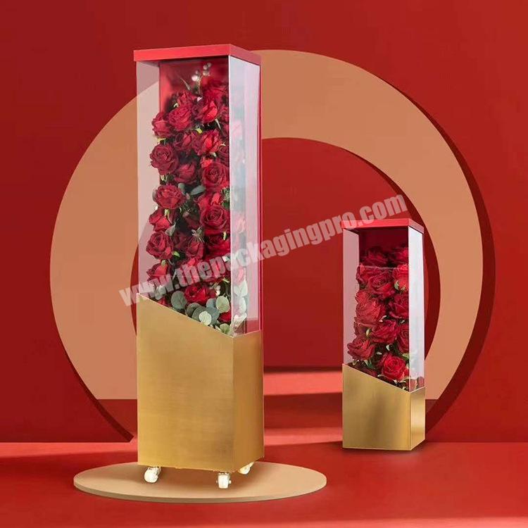 Custom gold logo paper cardboard rectangle long stem flower packaging box clear cover window flower supplies delivery box