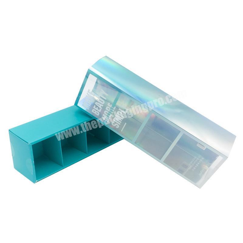 Custom logo blue visble cardboard box packaging with holographic PVC sleeve for cosmetics