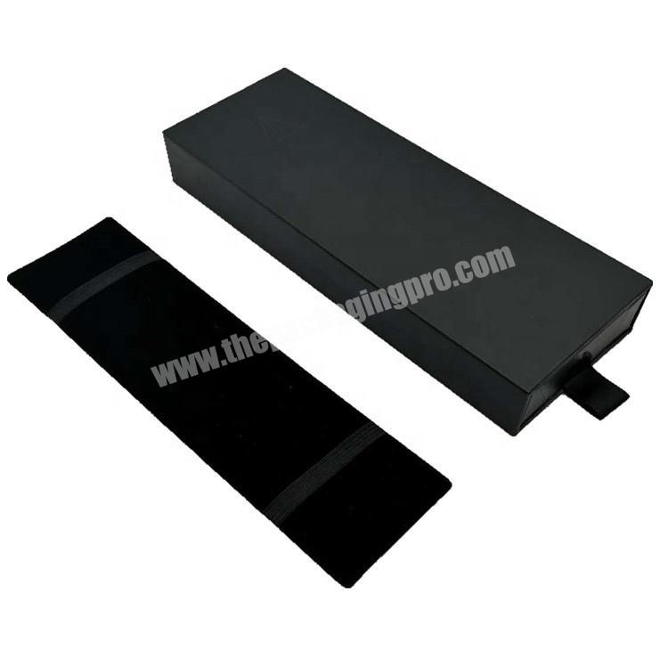 Custom logo luxury black paper packaging drawer jewelry box with ribbon velvet insert card