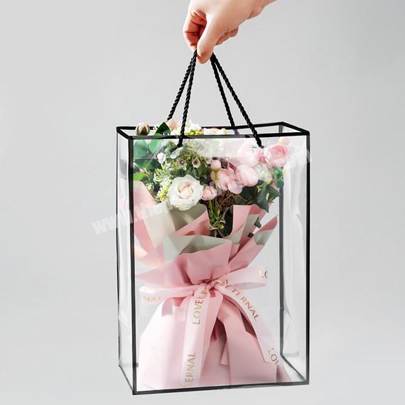 Custom logo printing Transparent Flower bouquet packaging bag pvc hand carrier flowers gift window bag floral packaging