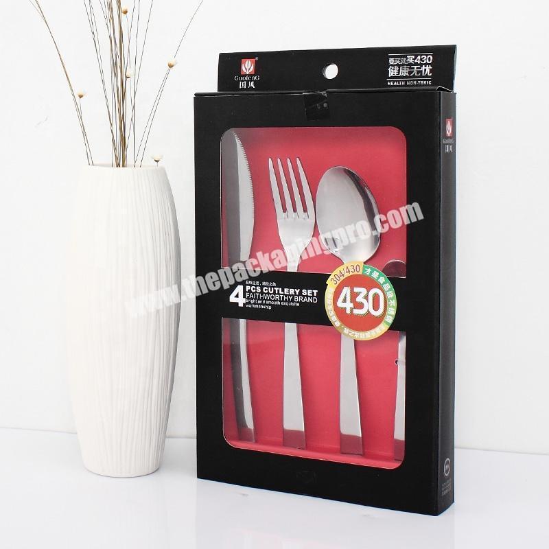 Custom logo wholesale clear PVC window custom printed cutlery fork knife set folding packaging paper box