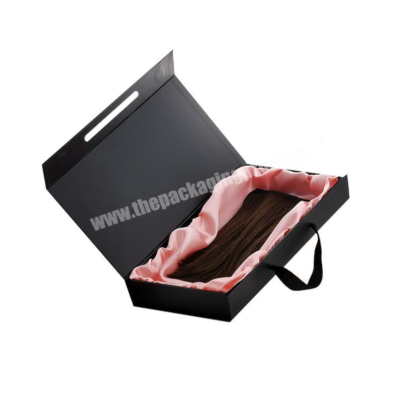 Custom luxury folding black satin lined human hair extension bundle braid wig packaging boxes with handle