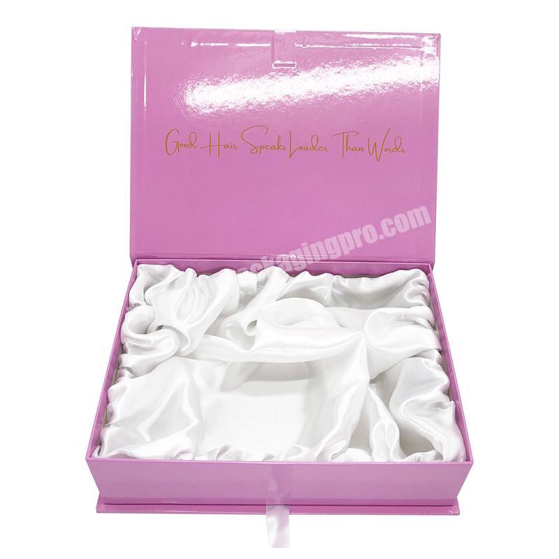 Custom luxury pink hair extensions wigs packaging boxes hair bundle packaging box with satin wig bundles