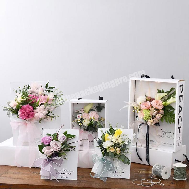 Custom recycled Kraft paper flower bouquet gift packaging bag transparent window flower carrier bag with handle