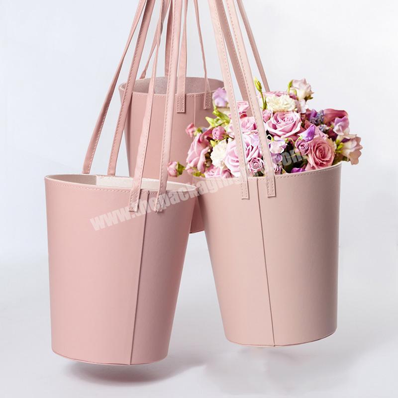 Custom round dried and preserved flowers bucket gift box leather creative flower bouquet packaging boxes with protective foam