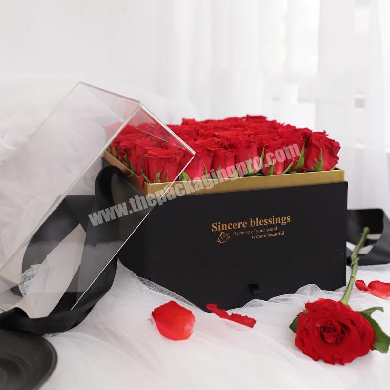 Custom unique square paper preserved rose flower gift packaging box with clear lid for wedding favour flowers waterproof