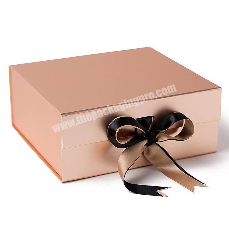 Custom wholesale rose gold valentine wedding cardboard ribbon fold gift packaging paper boxes with magnetic lid