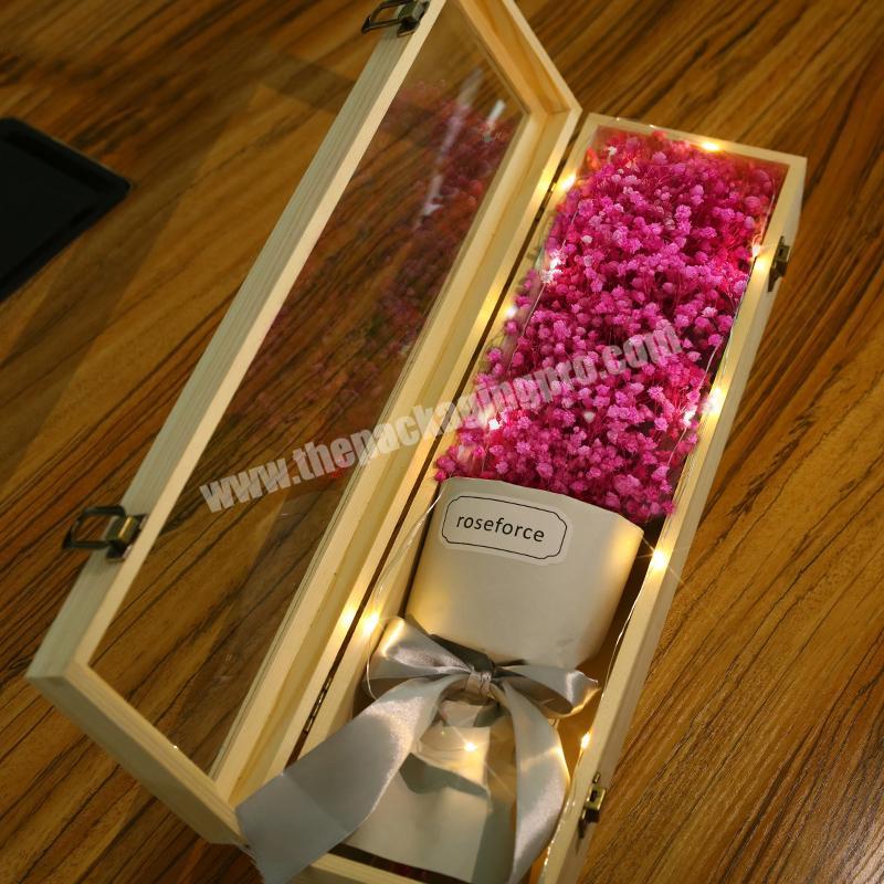 Custom wood rectangle preserved flowers rose flower packaging gift box dried babysbreath flower in wooden box with clear window