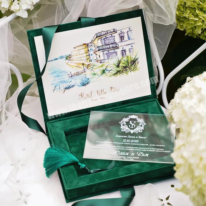Customized Design Acrylic Invitation Velvet Magnetic Closure Box With Tassel Elegant Wedding Invitation Box