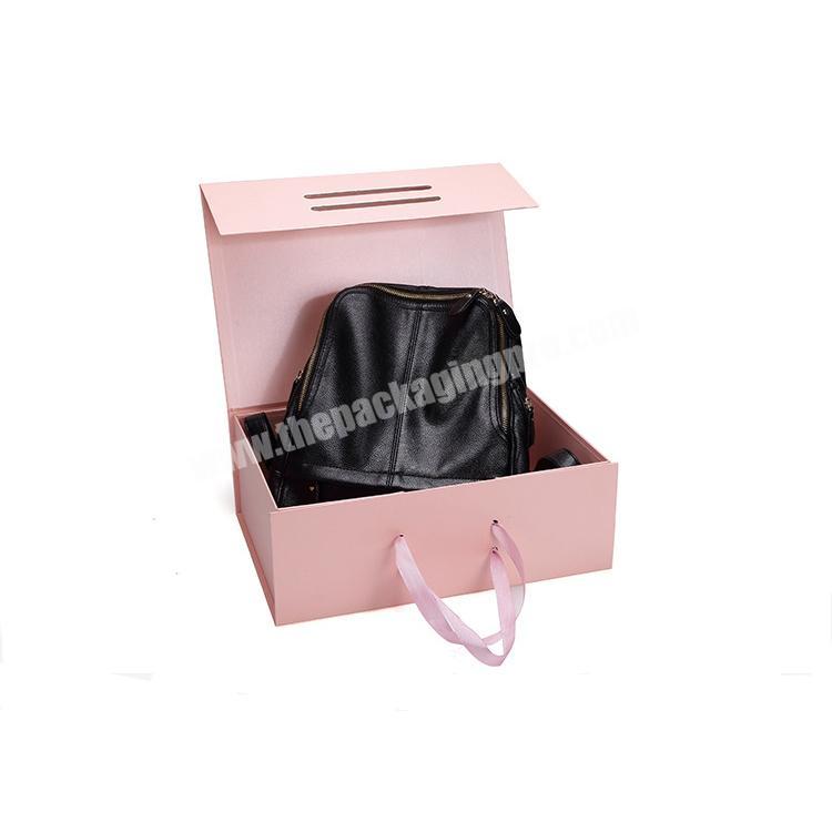 Customized High Quality Luxury Folding Handbag Pink Packaging Box With Ribbon Closure