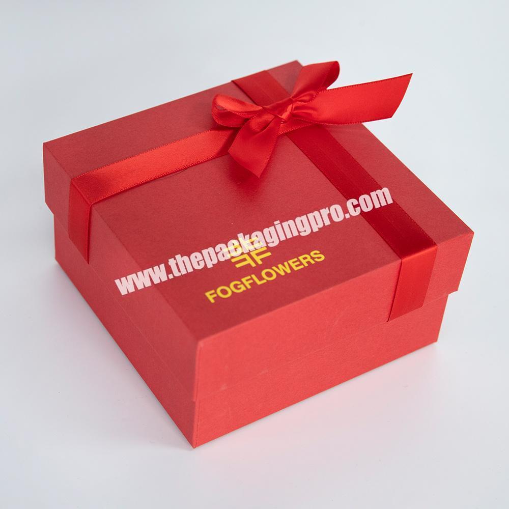 Customized Logo Cardboard Packaging Removable Lid 2 Piece Rigid Red Gift Boxes With Ribbon Bow