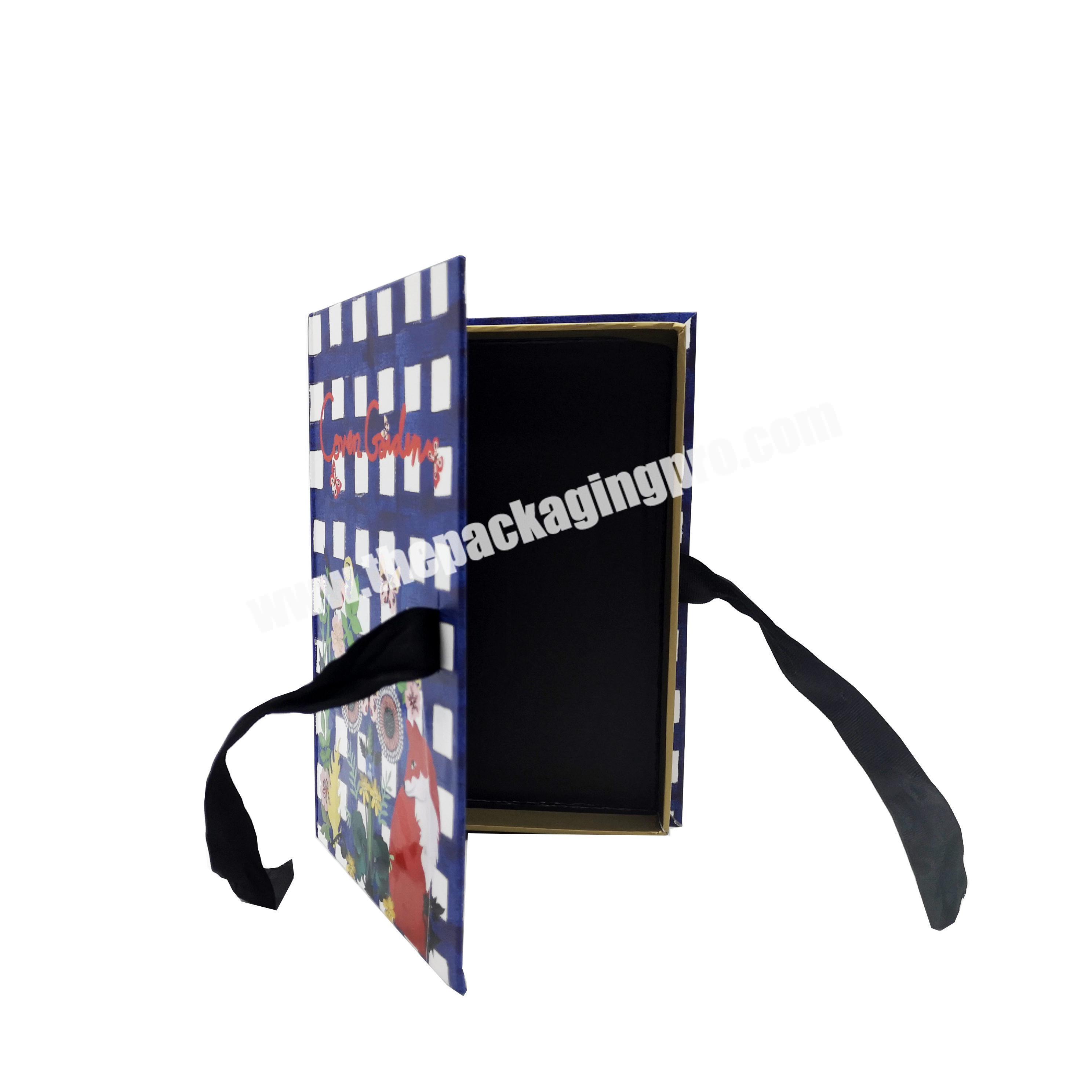 Customized Luxury Cardboard Small Rigid Book Shape Paper Gift Box With Foam Insert And Ribbon