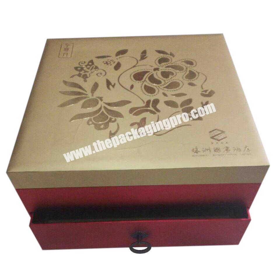 Customized Luxury Coated Gold Paper Packaging Mooncake Double Drawer Gift Box With Satin Insert