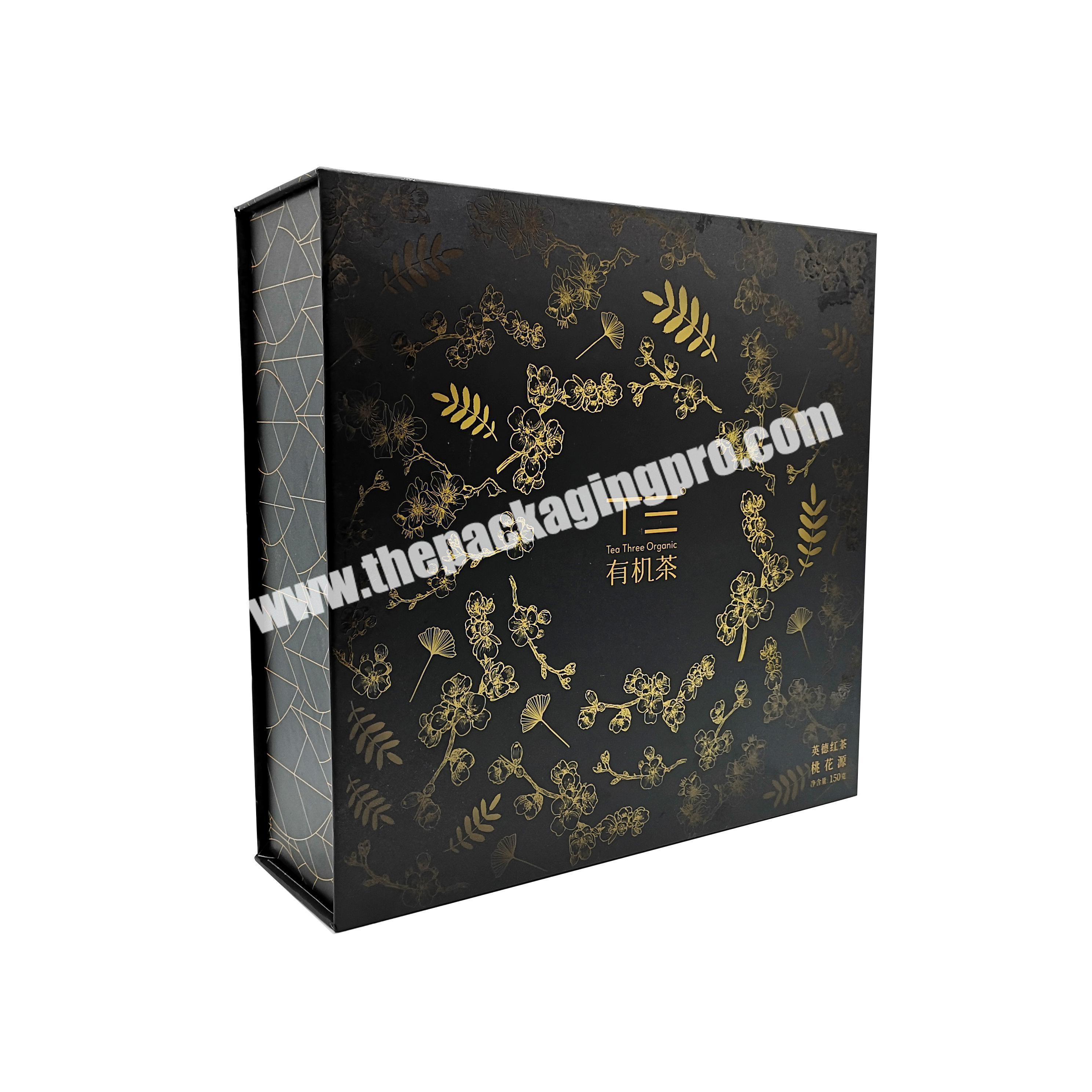 Customized Luxury Grey Board Packaging Black Magnetic Book Shape Rigid Boxes For Tea