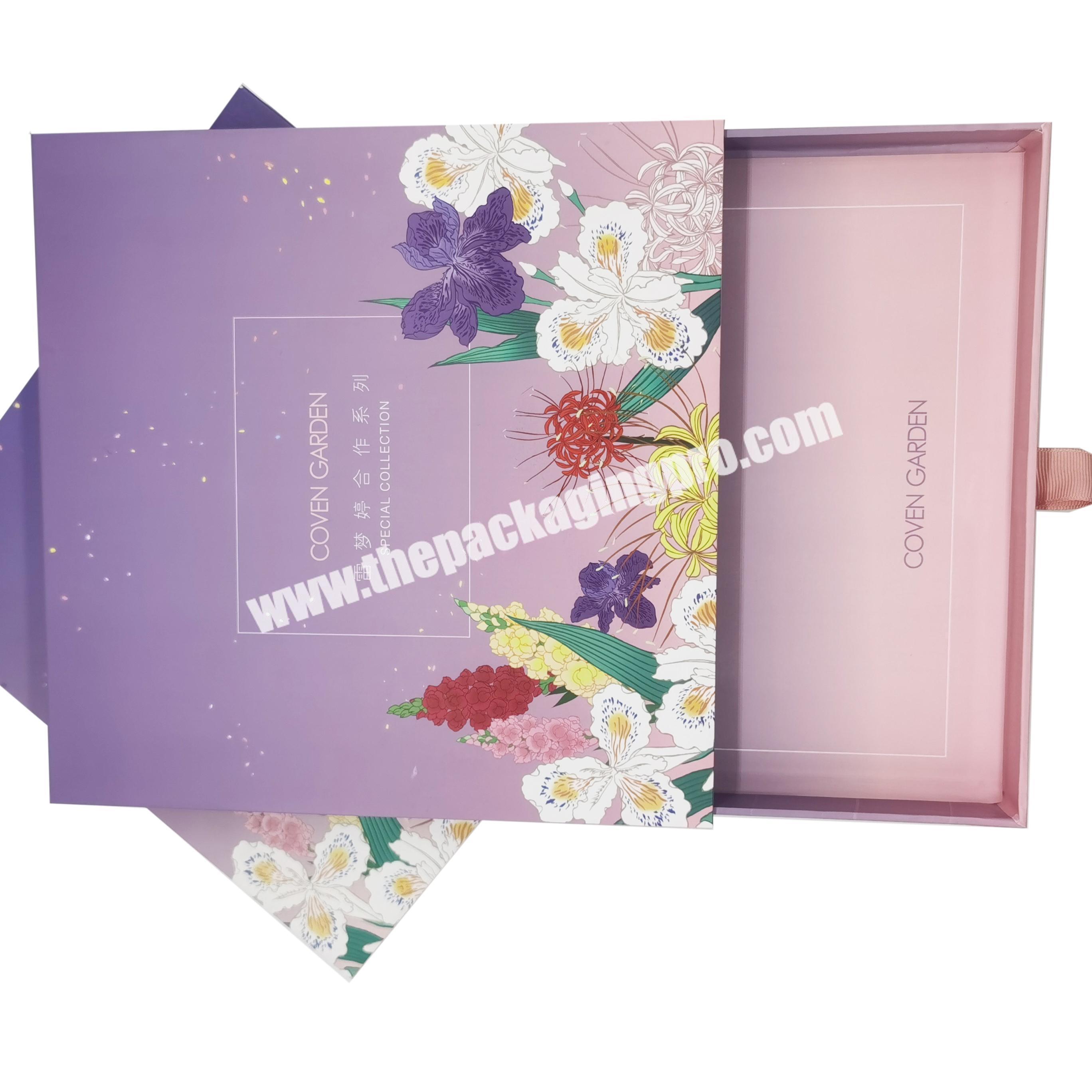 Customized Luxury High Quality Grey Board Purple Cosmetic Drawer Rigid Packaging Gift Box