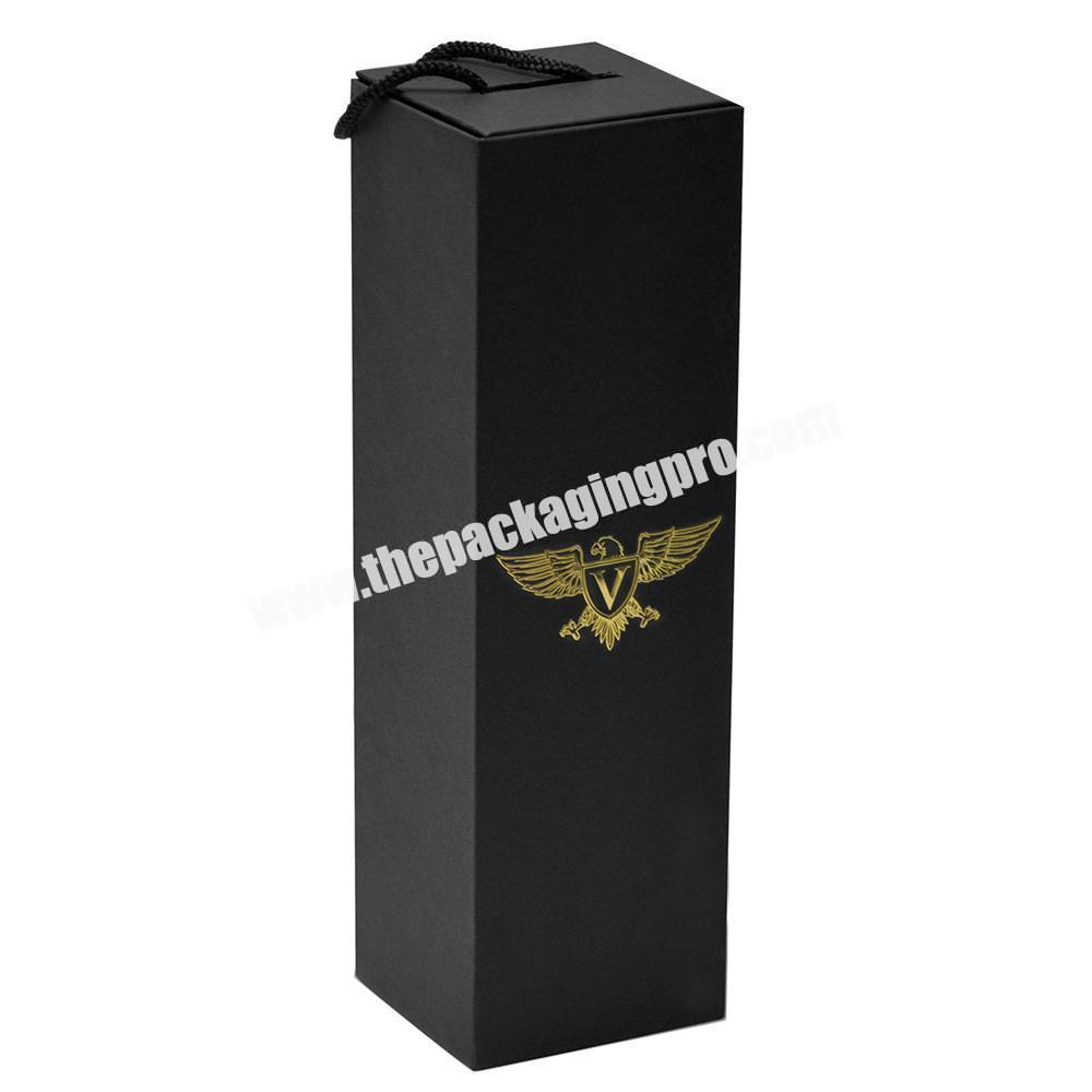 Customized Premium Magnetic Paper Packaging Black Foldable Champagne Wine Gift Box With Handle