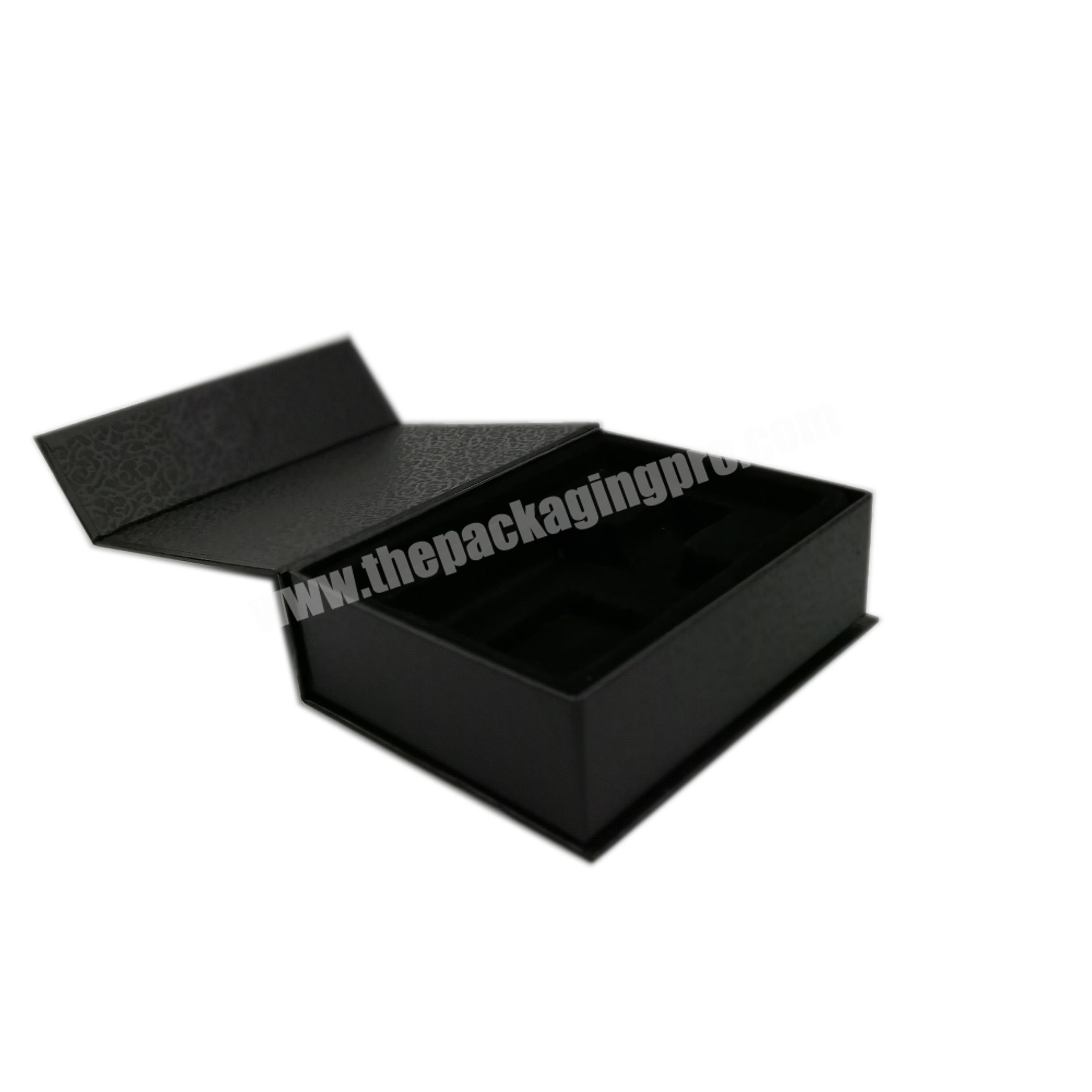 Customized Silver Foil Printed Black Texture Paper Empty Perfume Bottle Packaging Gift Box with Magnetic lid