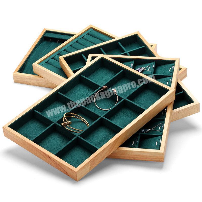 Customized green velvet jewelry display jewellery tray display bracelet earrings pendant necklace trays wooden ring box
