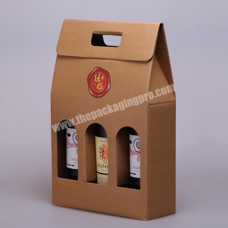Customized recyclable kraft paper cardboard gift wine packaging boxes with handle