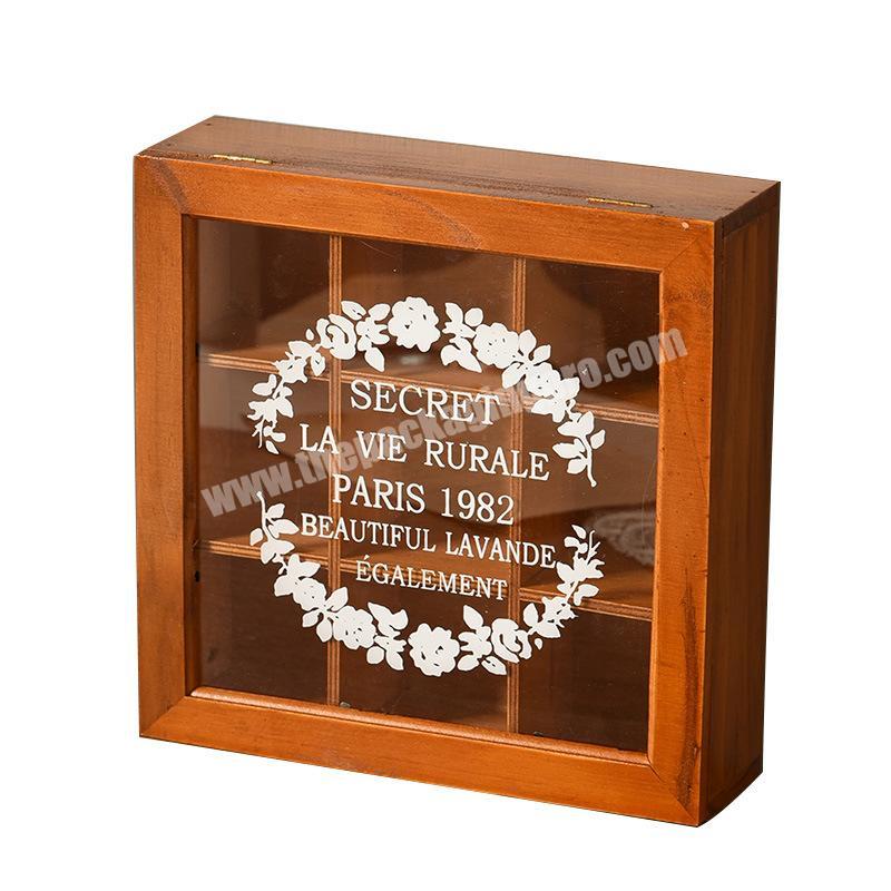 Desktop Acrylic White Printed Storage Box Retro Nine Grid Cake Gift Box Wooden Jewelry Storage with window