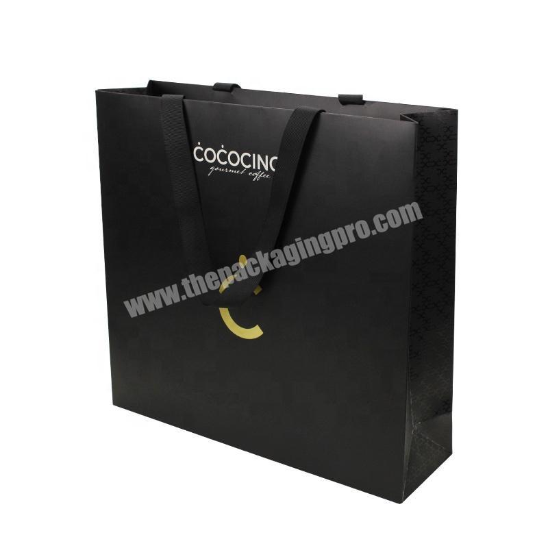 Factory Wholesale Custom Luxury Gold LOGO Shipping Grosgrain Ribbon Black Gift Paper Bag